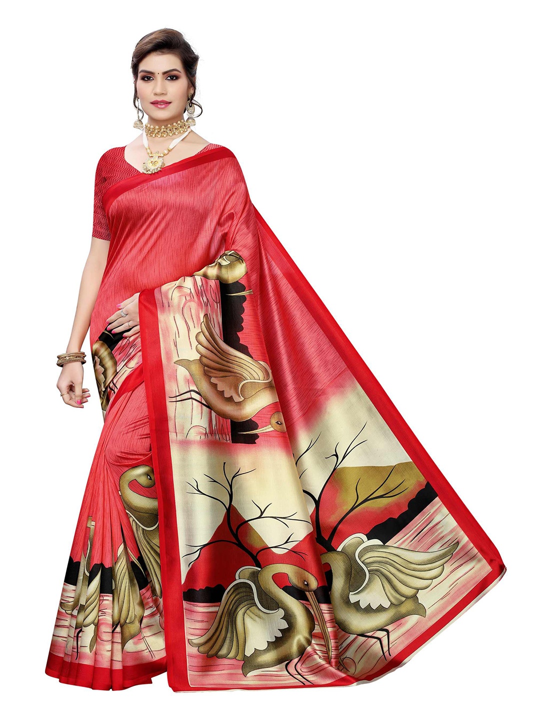 

AADVIKA Red & Green Ethnic Motifs Art Silk Mysore Silk Saree