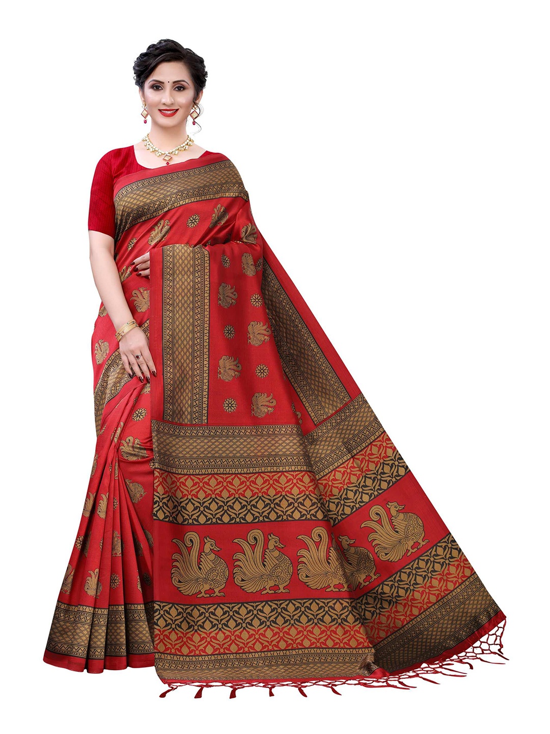 

AADVIKA Red & Brown Woven Design Art Silk Mysore Silk Saree