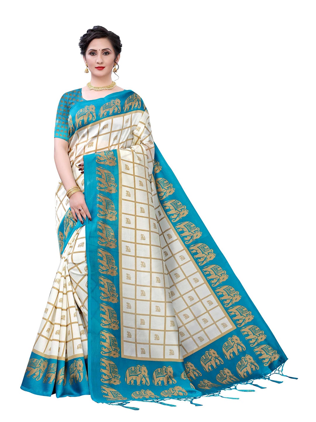 

AADVIKA Off White & Blue Ethnic Motifs Printed Mysore Silk Saree