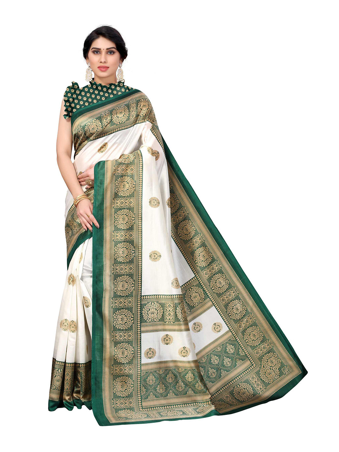 

AADVIKA White & Green Floral Printed Art Silk Mysore Silk Saree