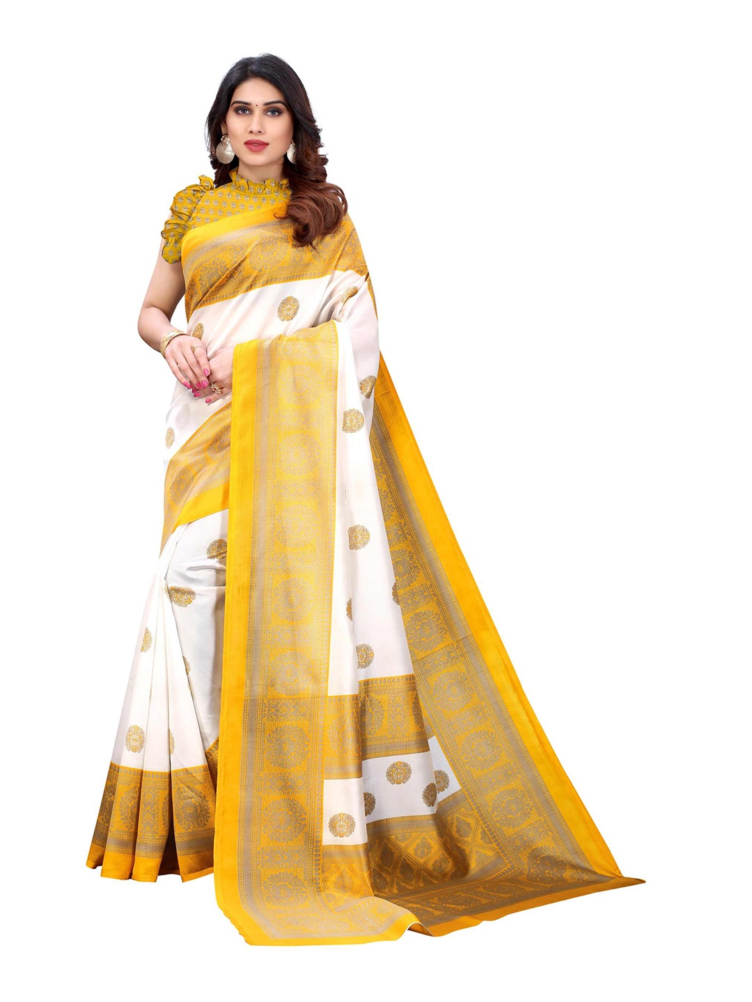 

AADVIKA White & Yellow Ethnic Motifs Printed Mysore Silk Saree