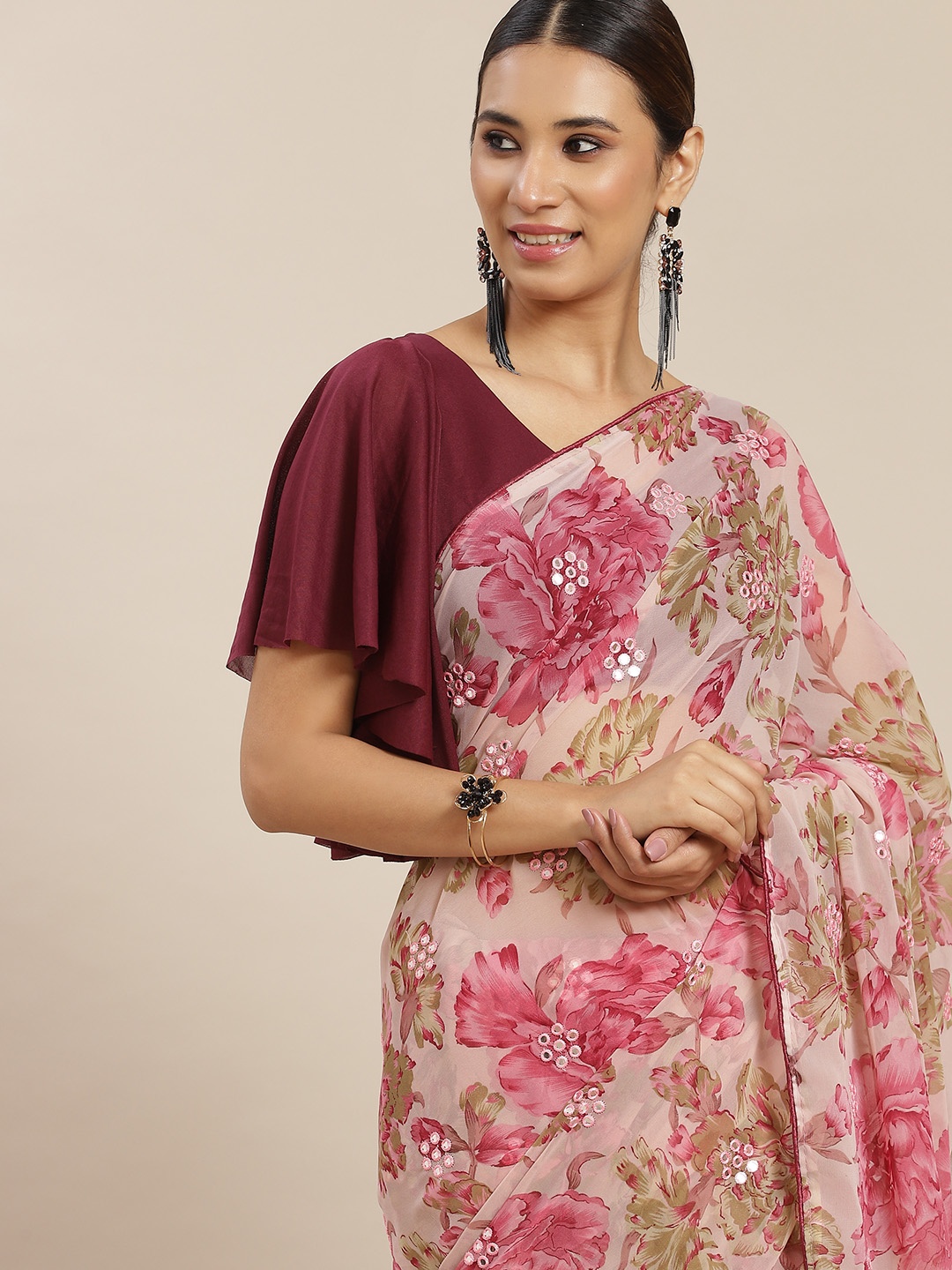 

Tikhi Imli Off White & Pink Floral Mirror Work Poly Georgette Saree
