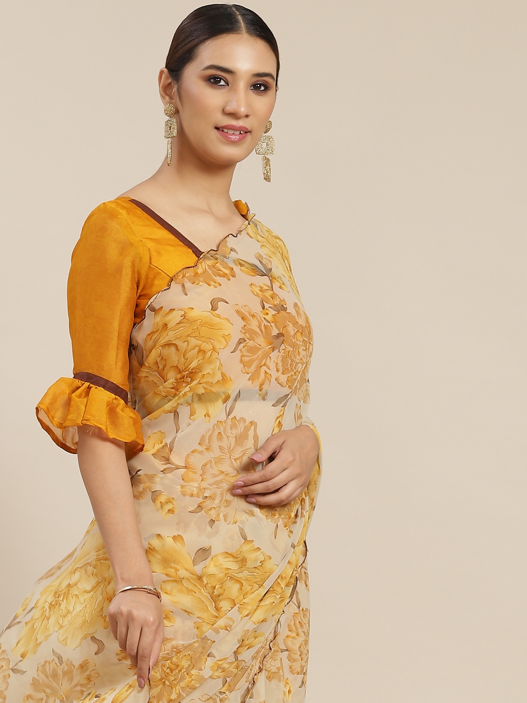 

Tikhi Imli Beige & Yellow Floral Poly Georgette Saree Scalloped Border
