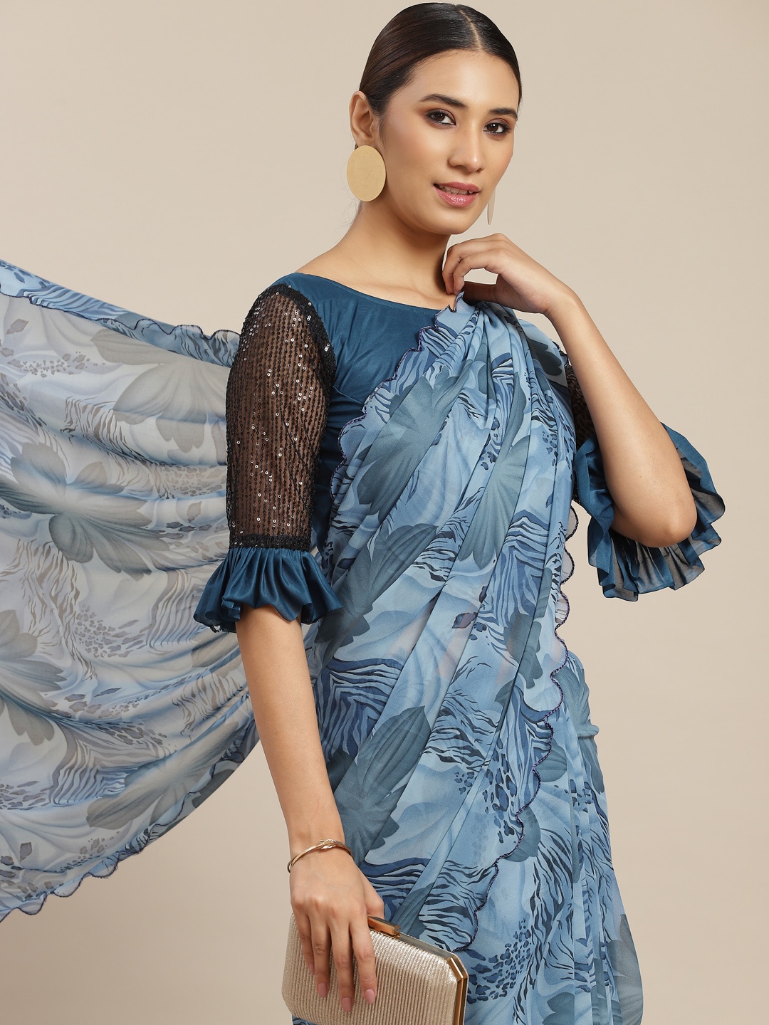 

Tikhi Imli Blue Floral Poly Georgette Saree Scalloped Border