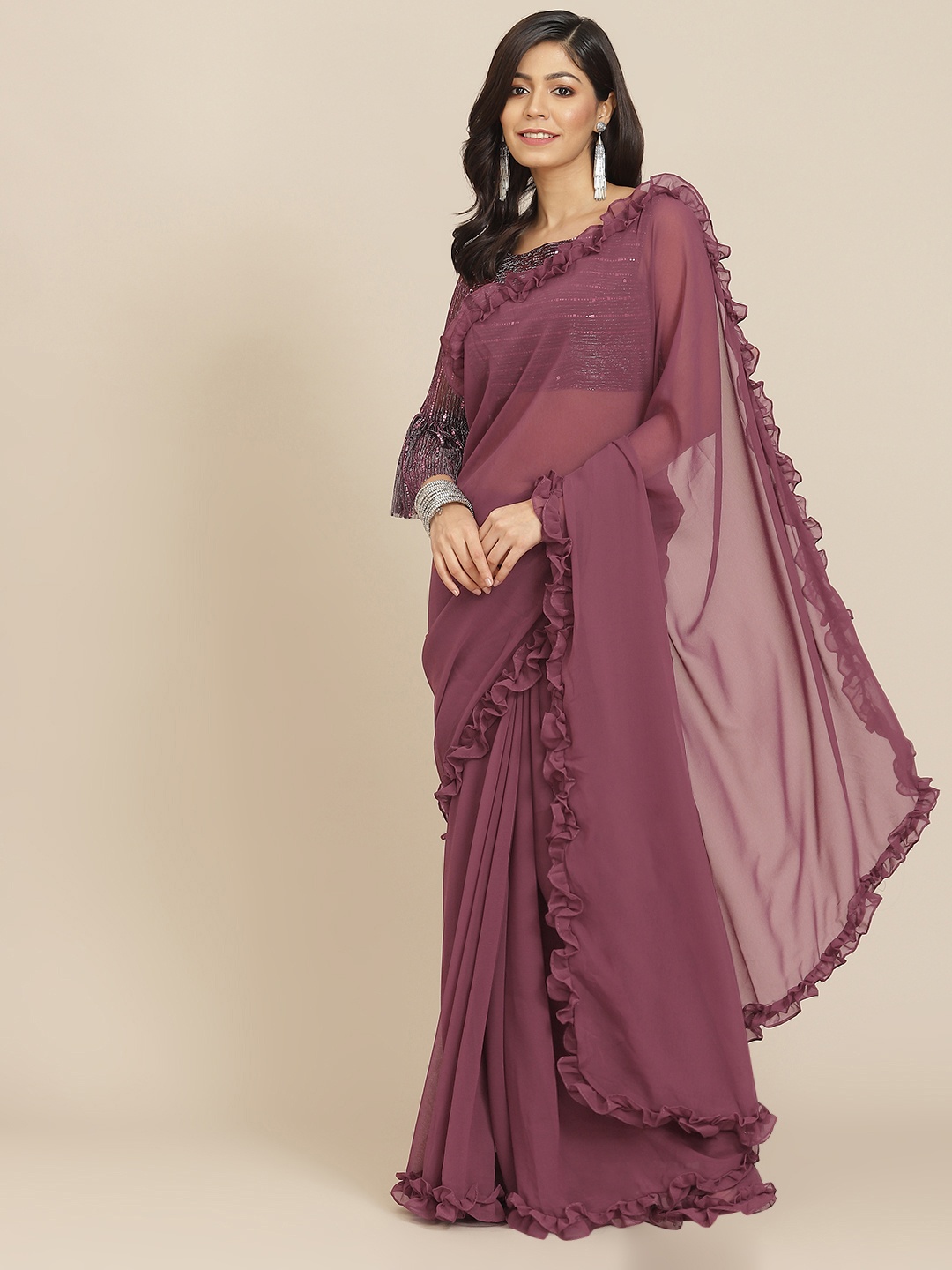 

Tikhi Imli Pink Solid Frill Border Saree