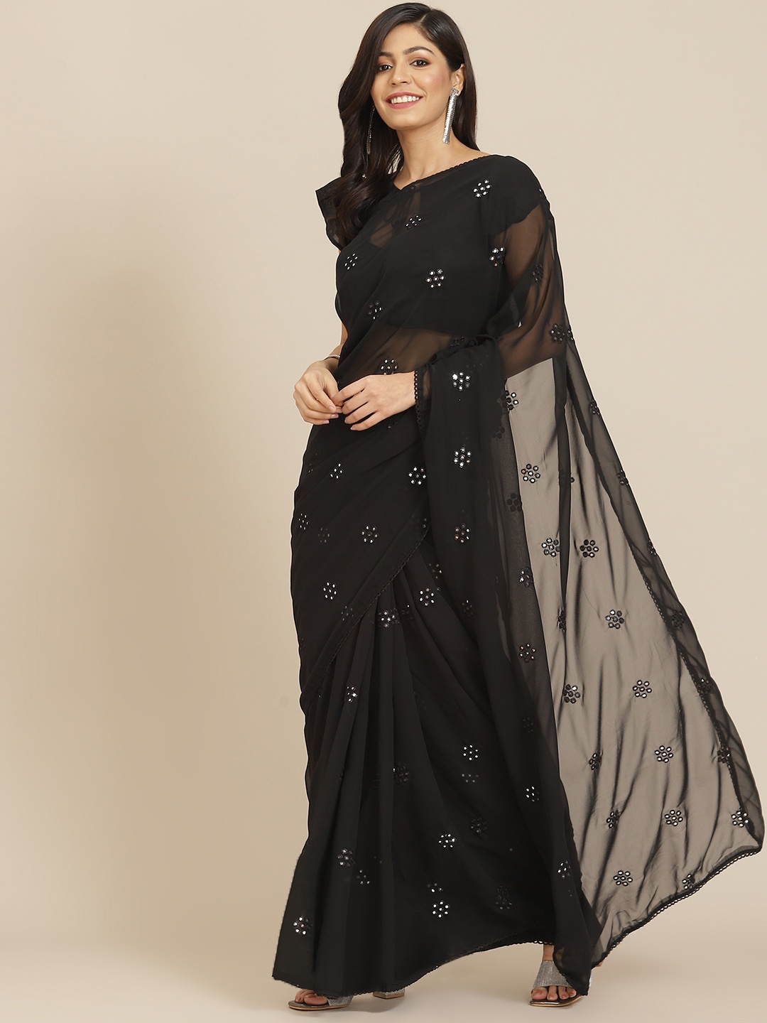 

Tikhi Imli Black Embroidered Mirror-Work Saree