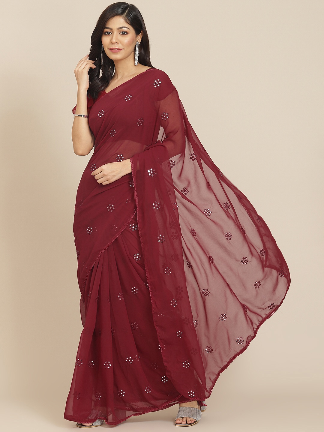 

Tikhi Imli Maroon Embroidered Mirror-Work Saree