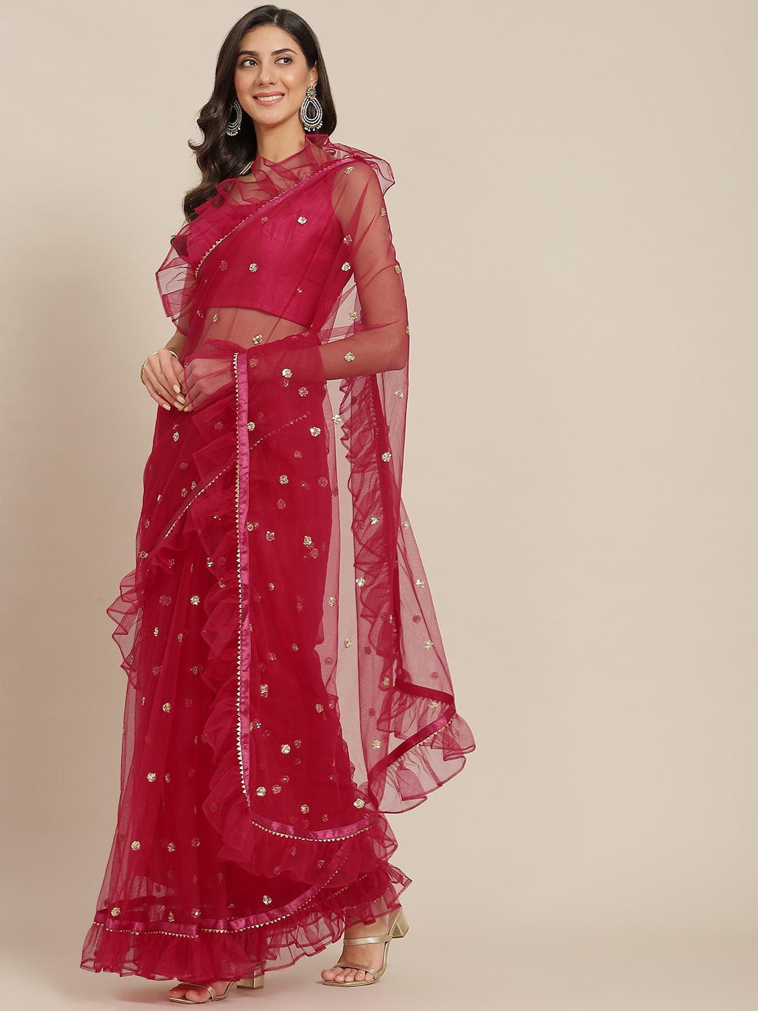 

Tikhi Imli Red Floral Sequinned Net Saree