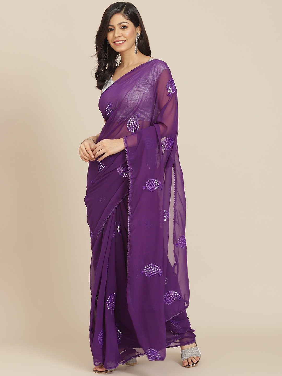 

Tikhi Imli Violet Embroidered Mirror-Work Saree