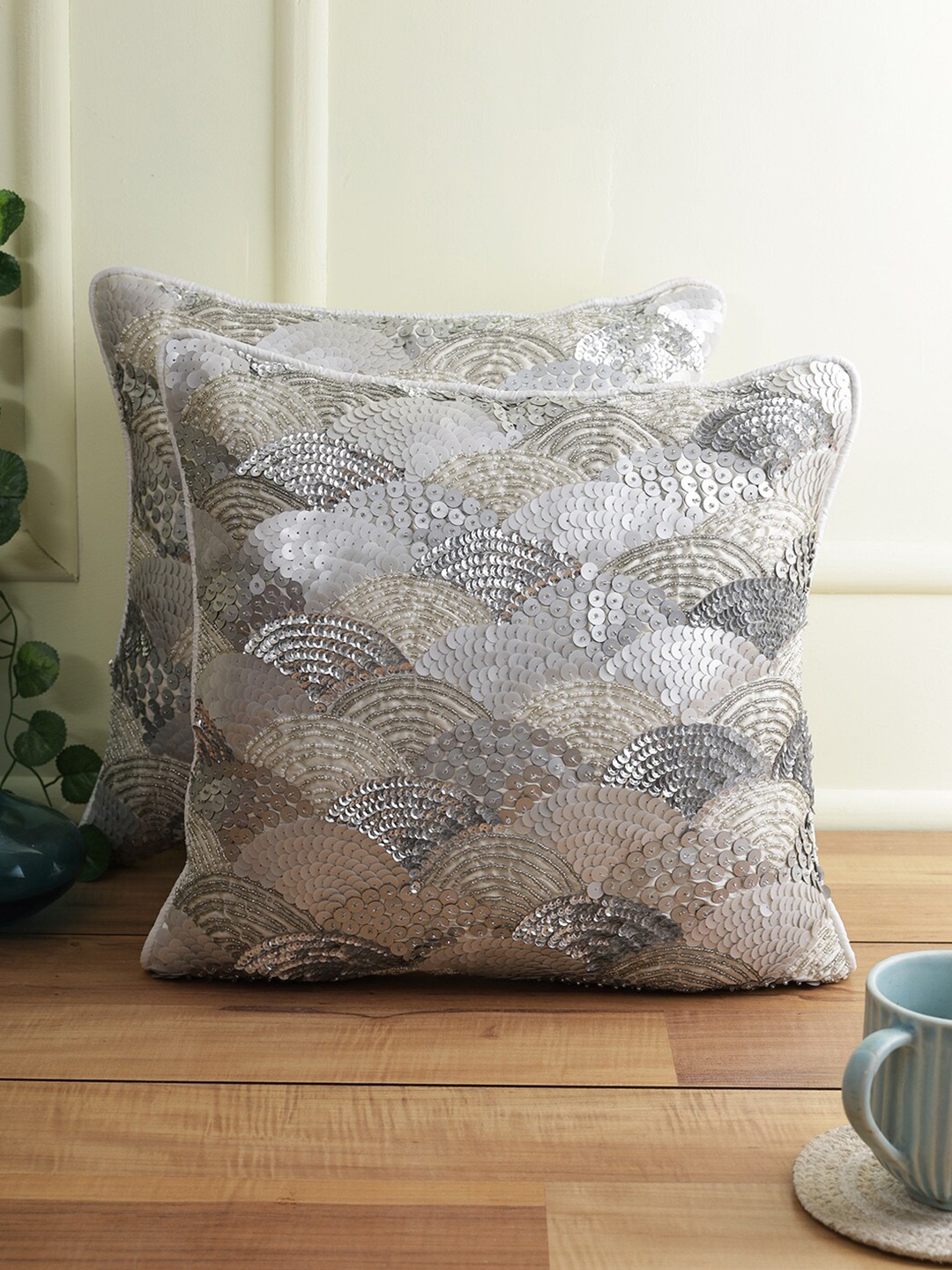 

eyda Silver-Toned Set of 2 Embellished Square Cushion Covers