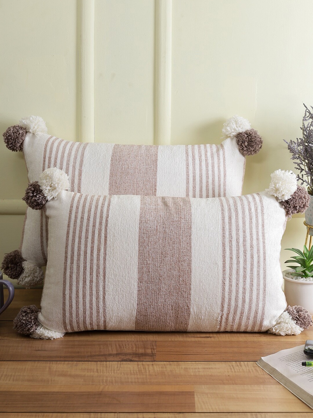 

eyda Set of 2 White & Pink Striped Rectangle Cushion Covers