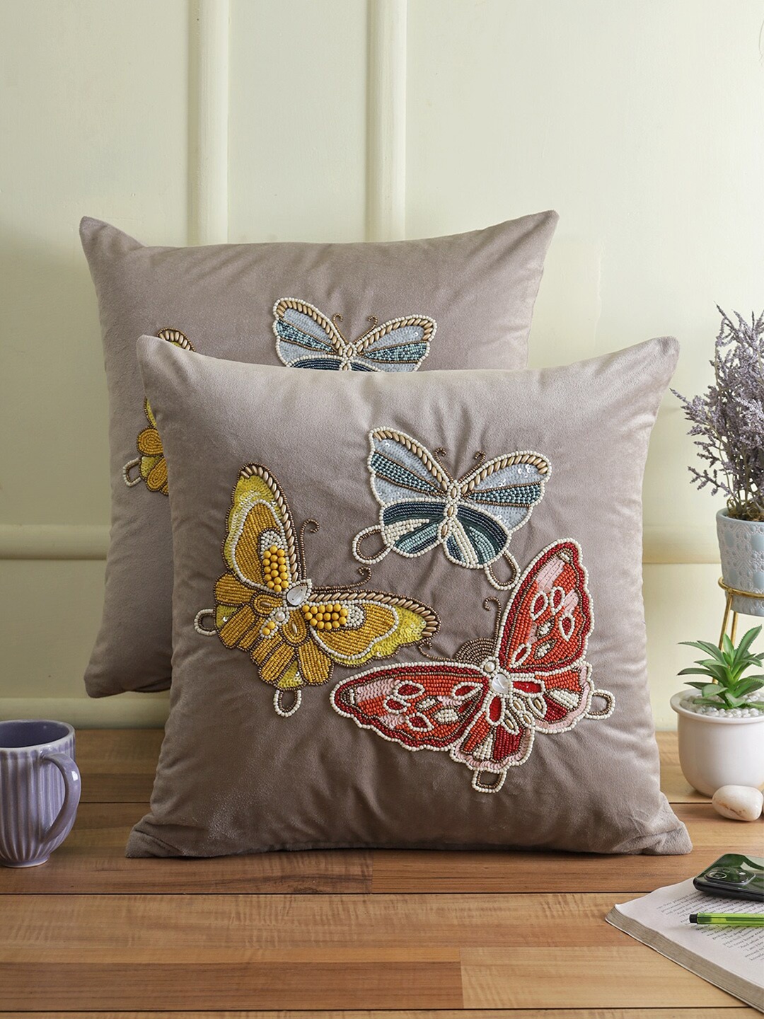 eyda Grey & Red Set of 2 Embellished Velvet Square Cushion Covers