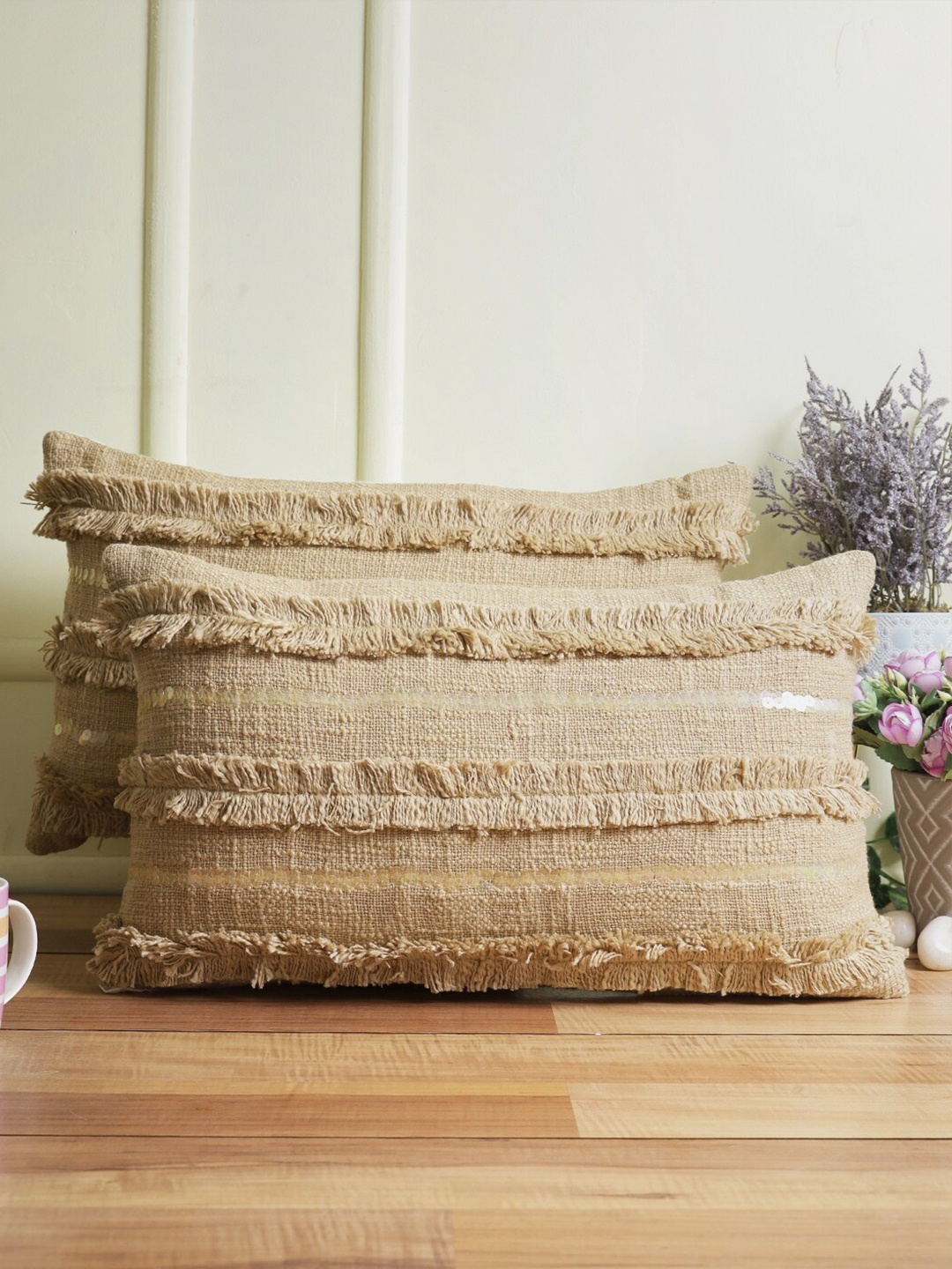 eyda Set of 2 Khaki Embellished Rectangle Cotton Cushion Covers