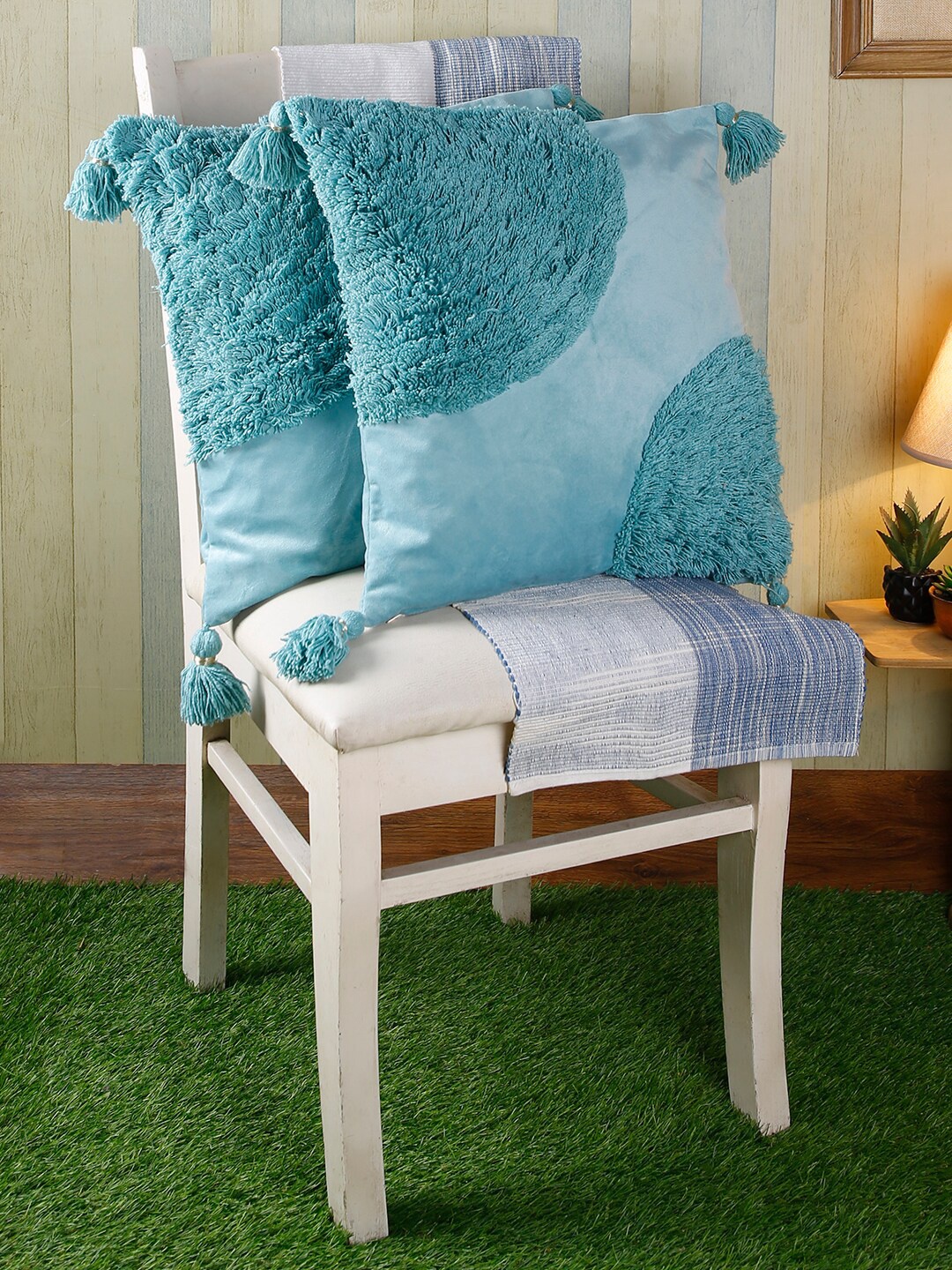 eyda Turquoise Blue Set of 2 Embroidered Velvet Square Cushion Covers