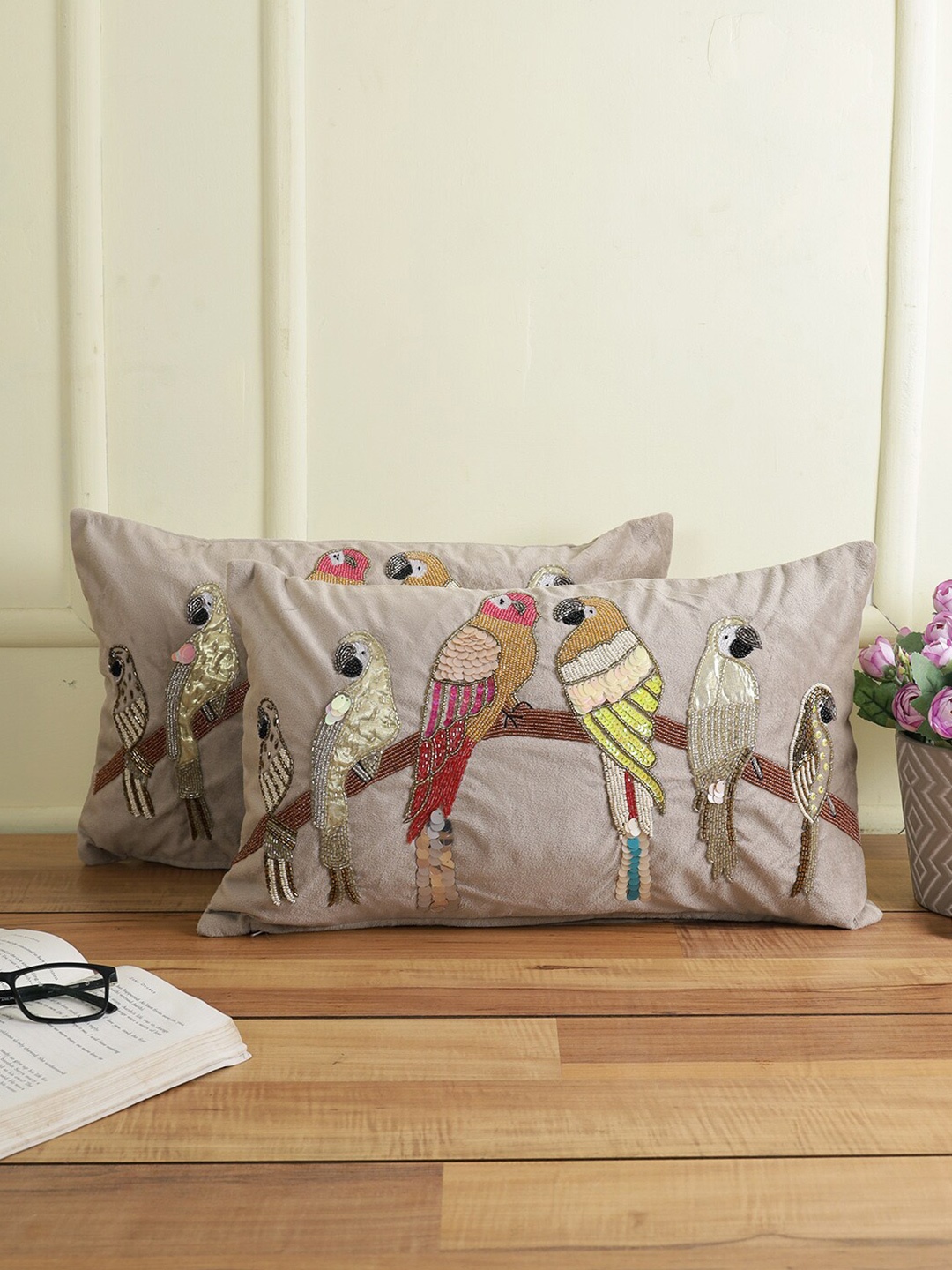 

eyda Grey & Yellow Set of 2 Embellished Velvet Rectangle Cushion Covers