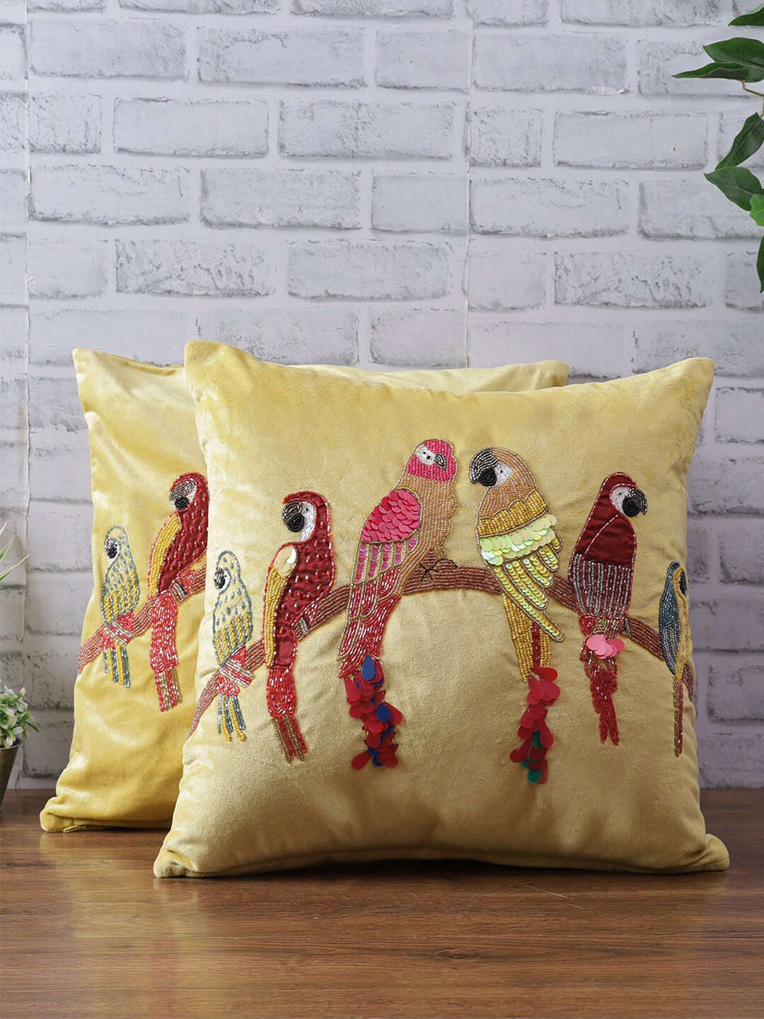 

eyda Yellow & Red Set of 2 Embellished Velvet Square Cushion Covers