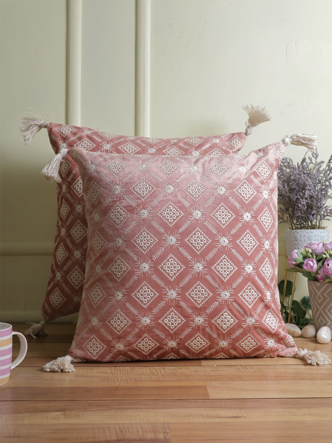 

eyda Pink & Off White Set of 2 Embroidered Velvet Square Cushion Covers