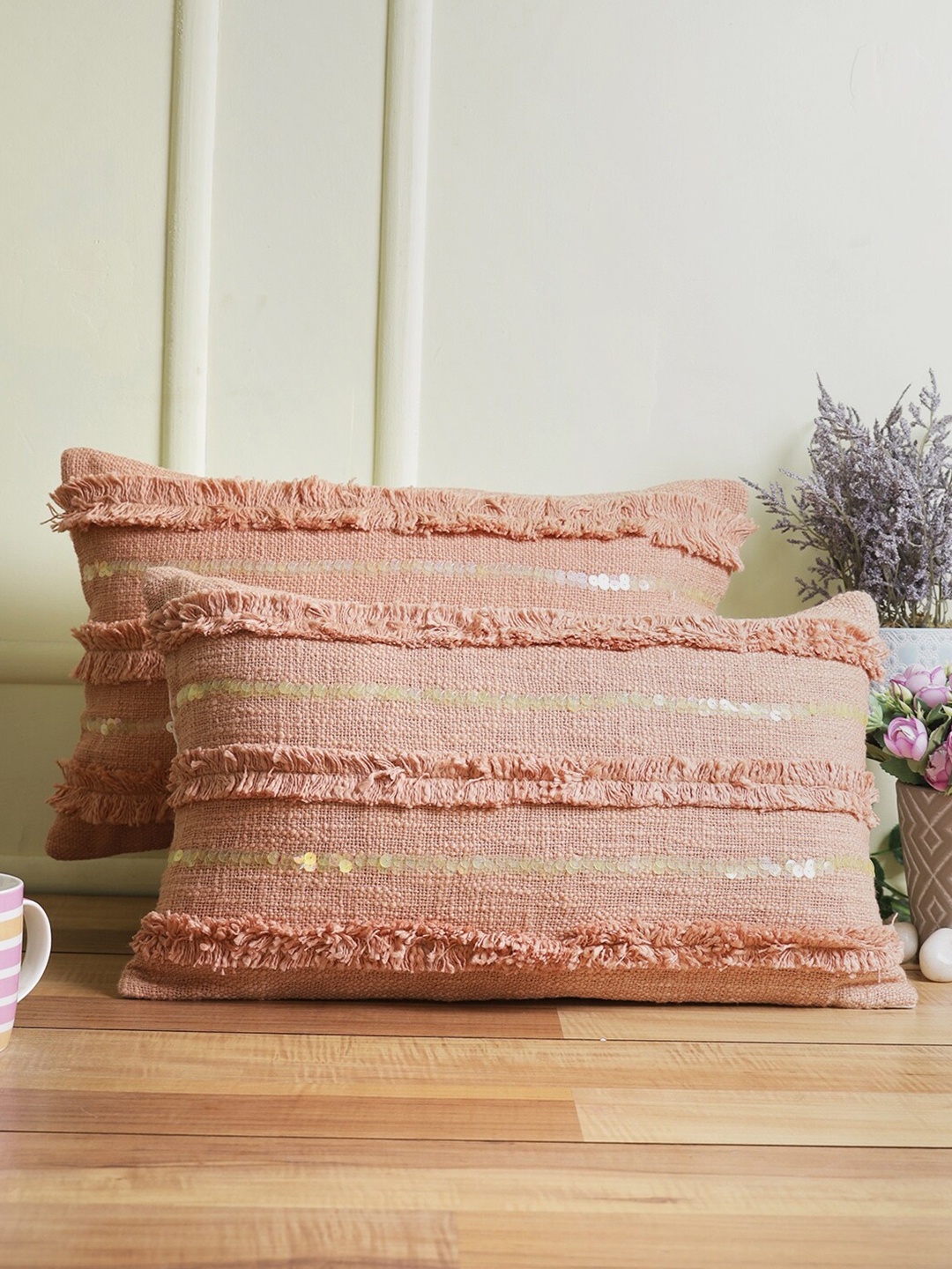 

eyda Peach-Coloured Set of 2 Embellished Rectangle Cushion Covers