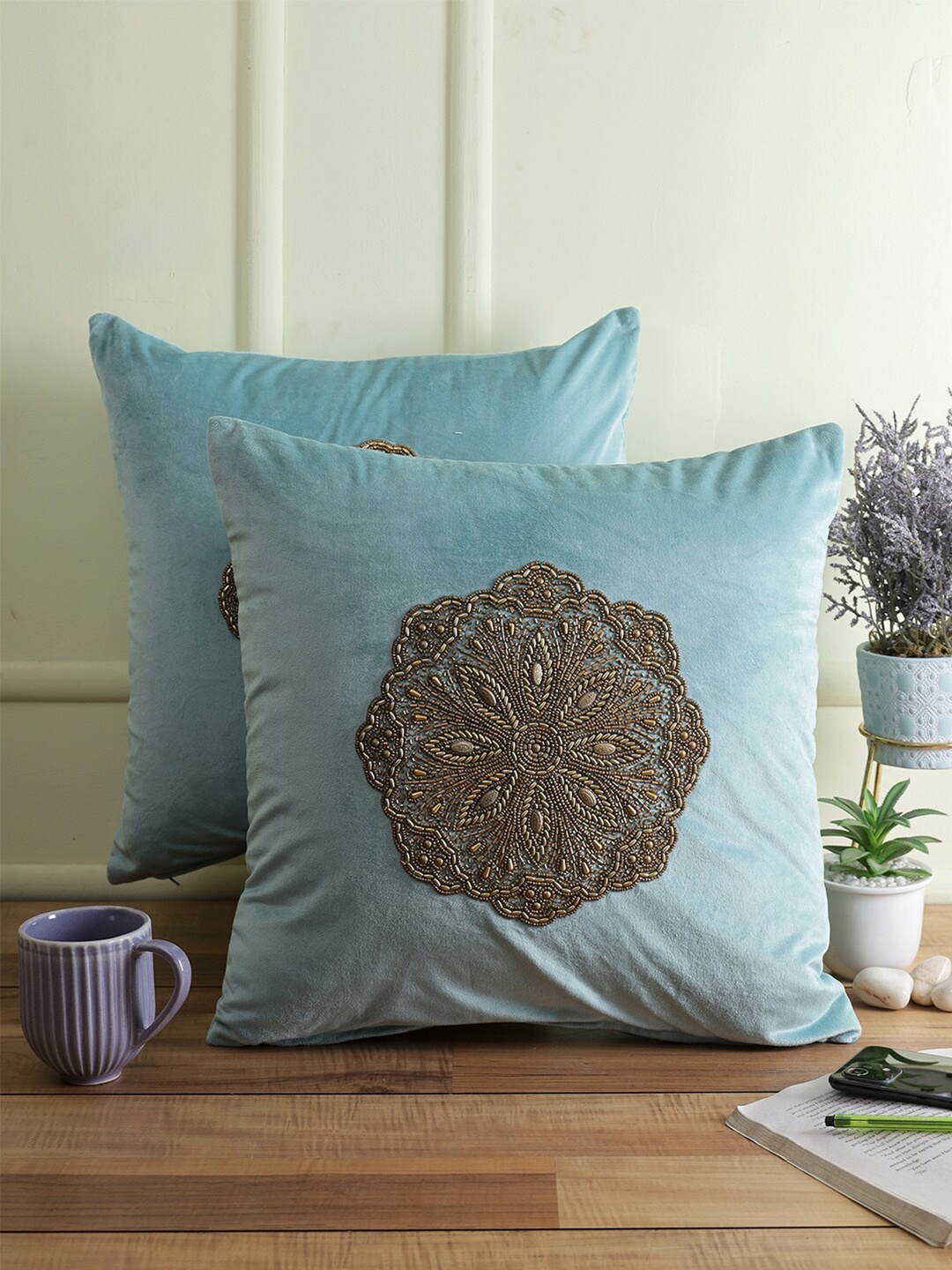 

eyda Turquoise Blue & Brown Set of 2 Embellished Velvet Square Cushion Covers