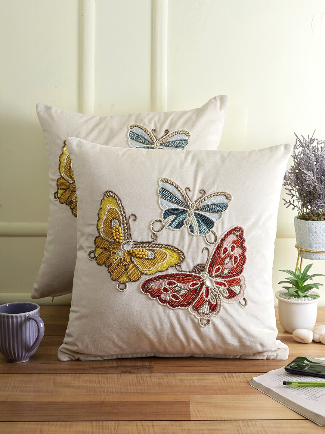 

eyda White & Yellow Set of 2 Embellished Velvet Square Cushion Covers