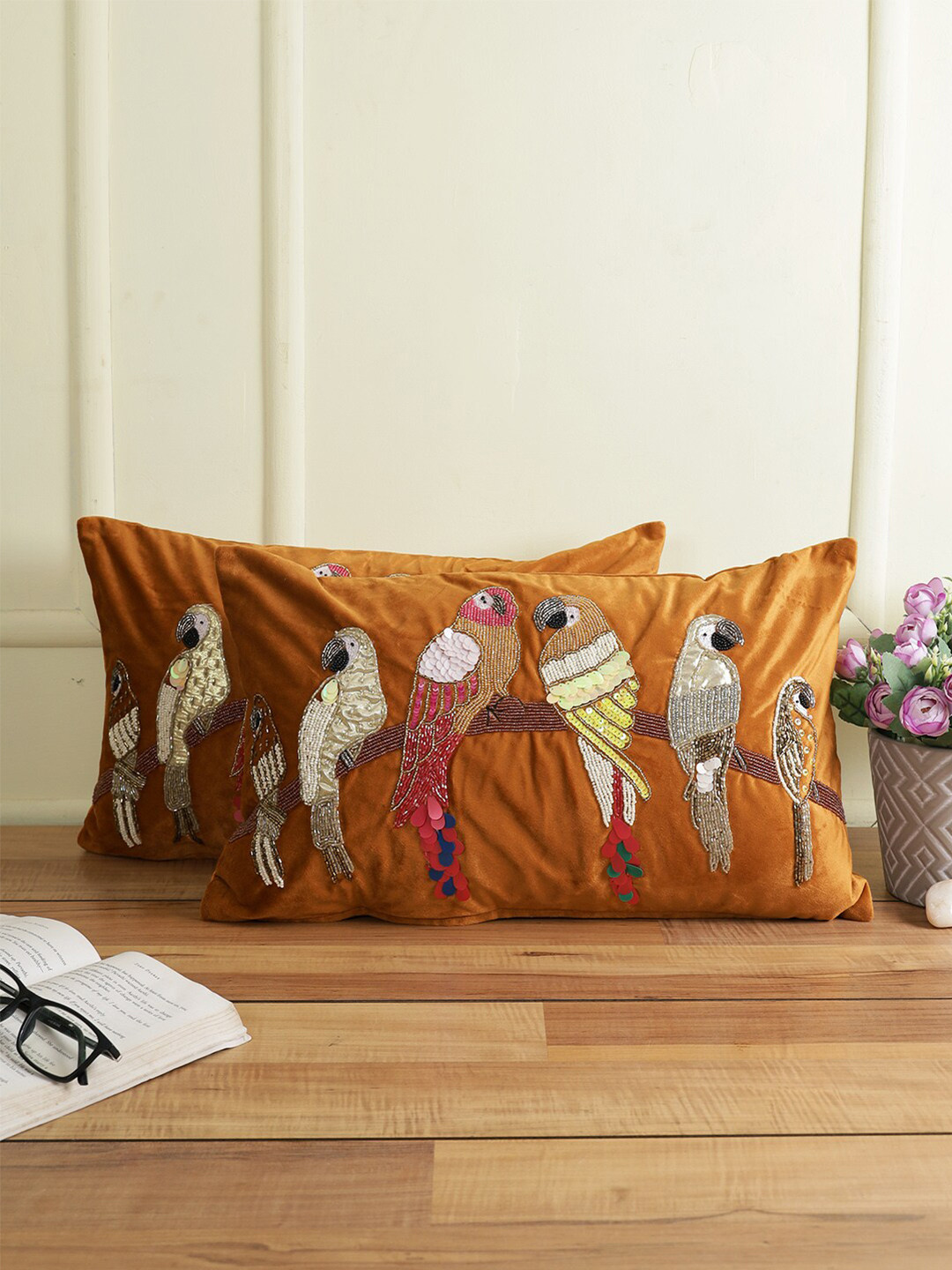 

eyda Rust & White Set of 2 Embellished Velvet Rectangle Cushion Covers