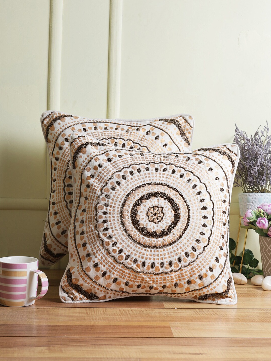 

eyda Cream-Coloured & Brown Set of 2 Embellished Square Cushion Covers