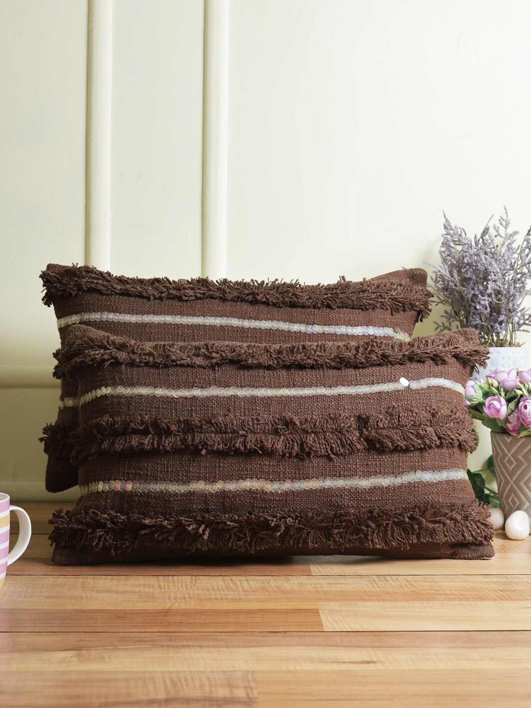 

eyda Coffee Brown Set of 2 Embellished Rectangle Cushion Covers