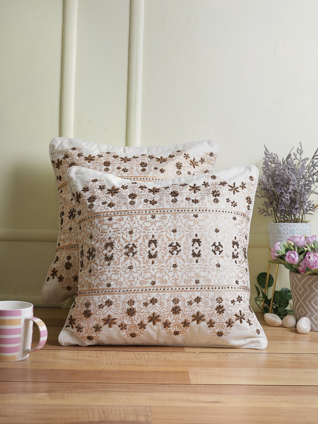 

eyda Set of 2 Cream-Coloured & Brown Embellished Cotton Square Cushion Covers