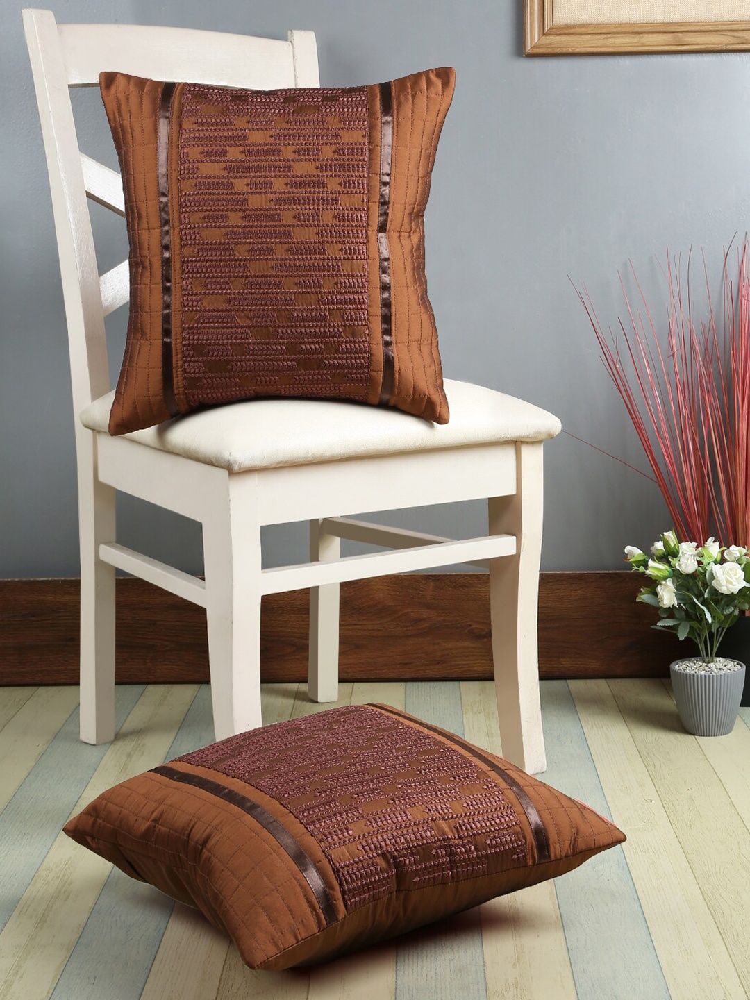

eyda Brown Set of 2 Embroidered Square Cushion Covers