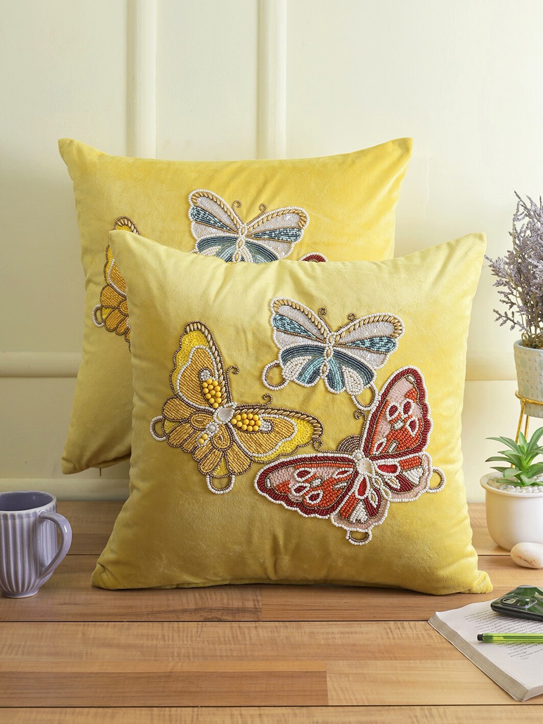 

eyda Yellow & Blue Set of 2 Embellished Velvet Square Cushion Covers