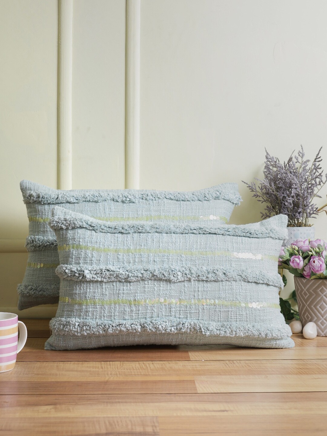 

eyda Set of 2 Blue & Yellow Embellished Rectangle Cotton Cushion Covers