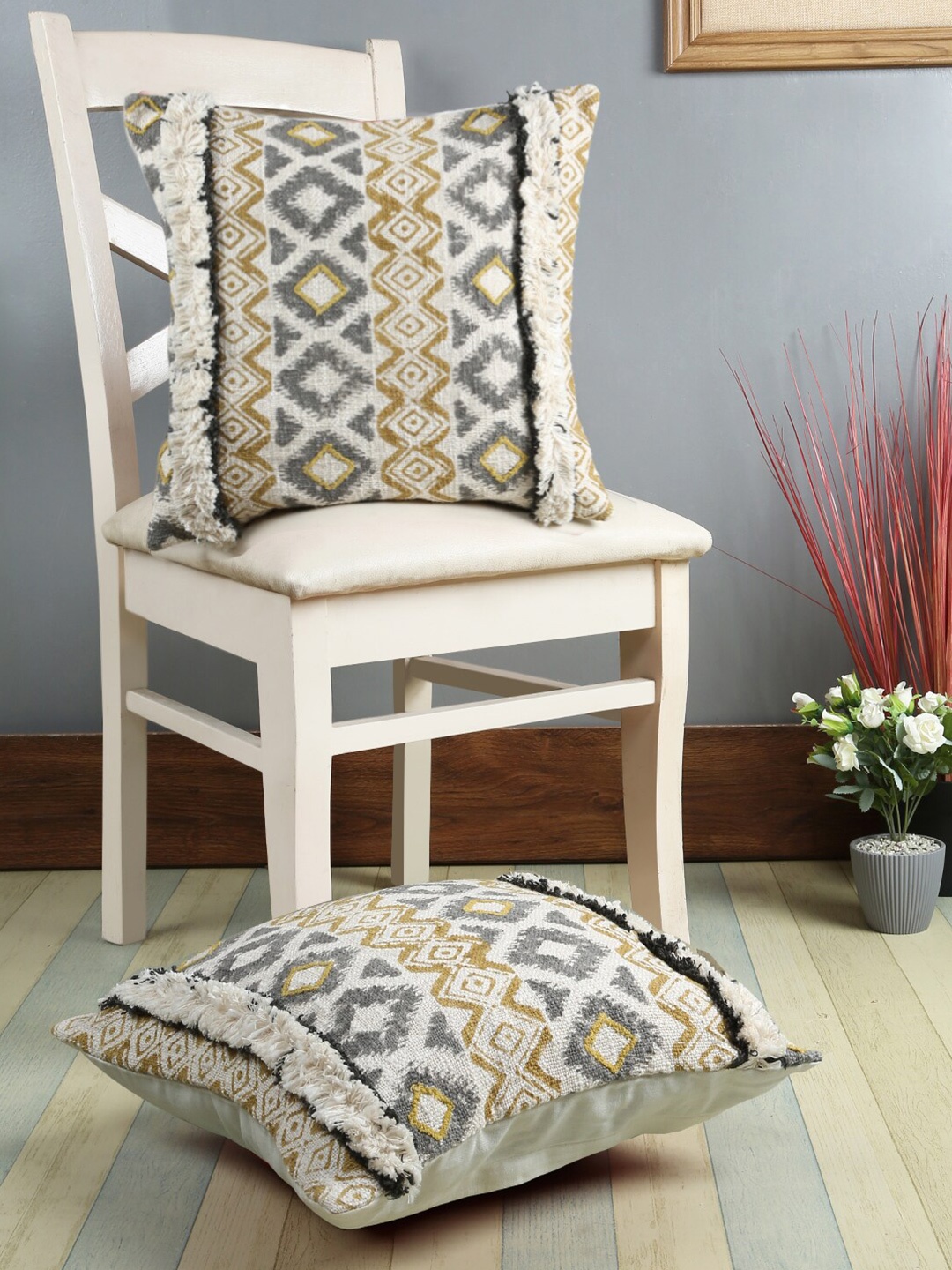 

eyda Beige & White Set of 2 Embroidered Square Cushion Covers