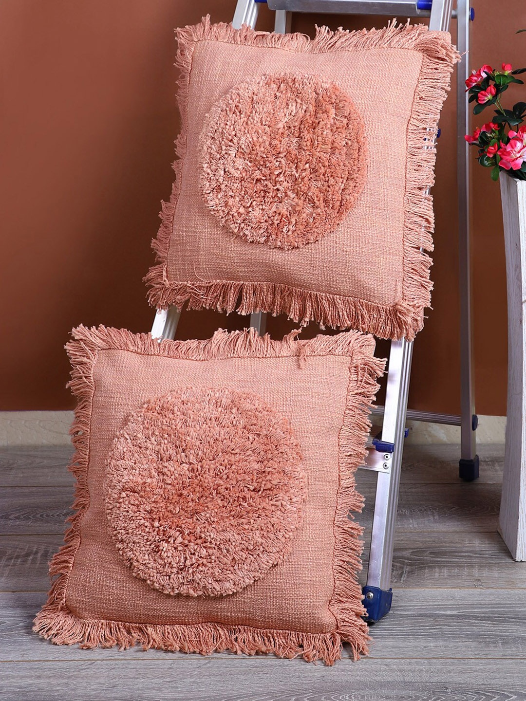 

eyda Set of 2 Peach-Coloured Floral Square Cushion Covers