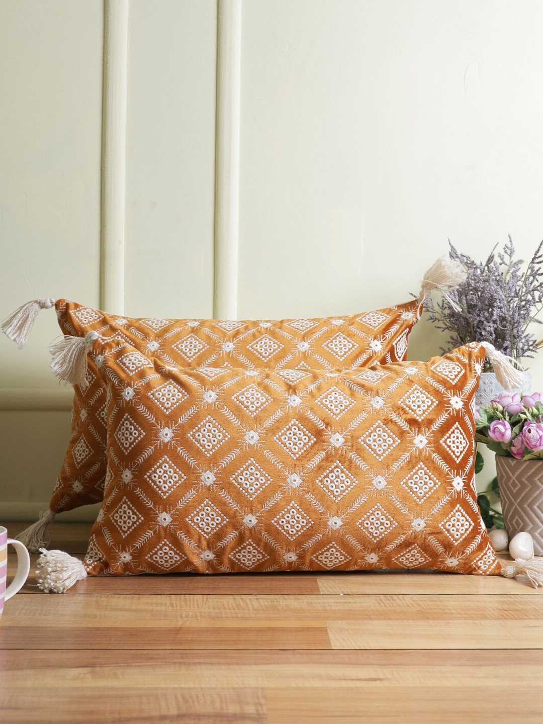 

eyda Set Of 2 Rust & White Embroidered Velvet Rectangle Cushion Covers