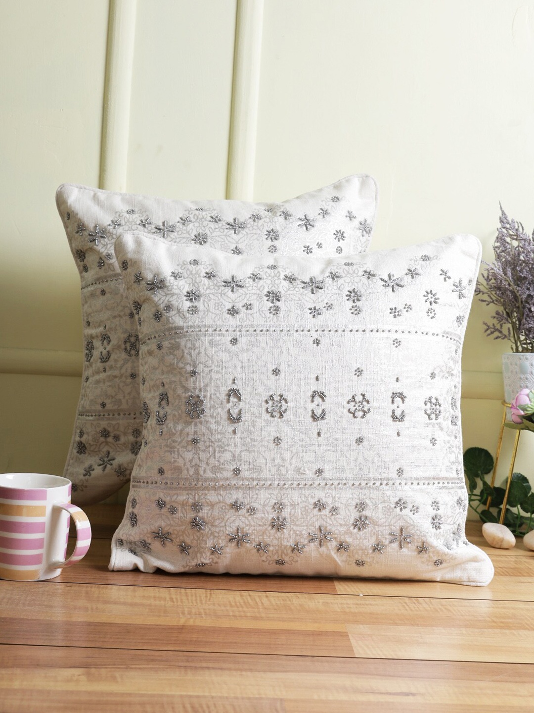 

eyda White & Grey Set of 2 Embellished Square Cushion Covers