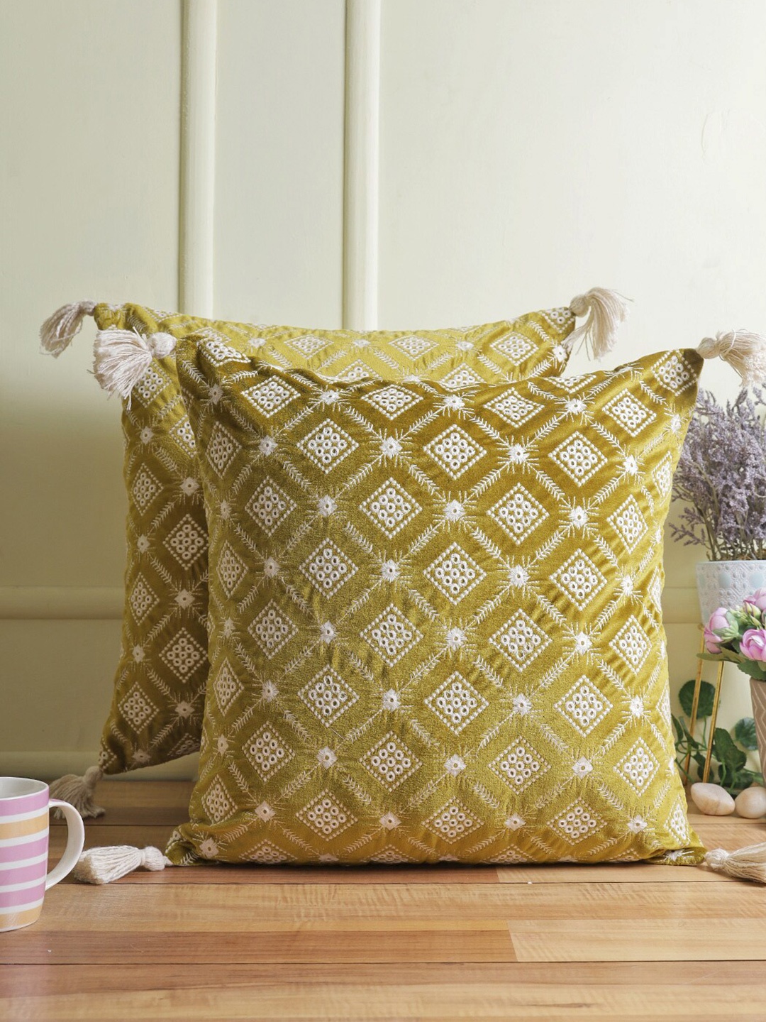 

eyda Olive Green & White Set of 2 Embroidered Velvet Square Cushion Covers