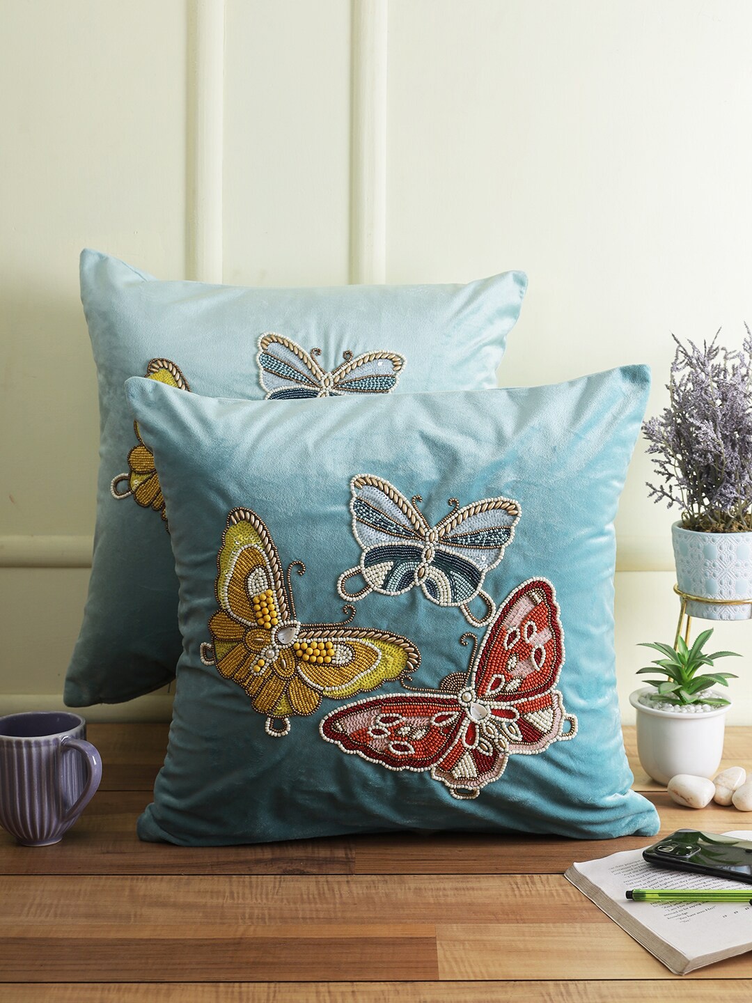 

eyda Turquoise Blue & Yellow Set of 2 Embellished Velvet Square Cushion Covers