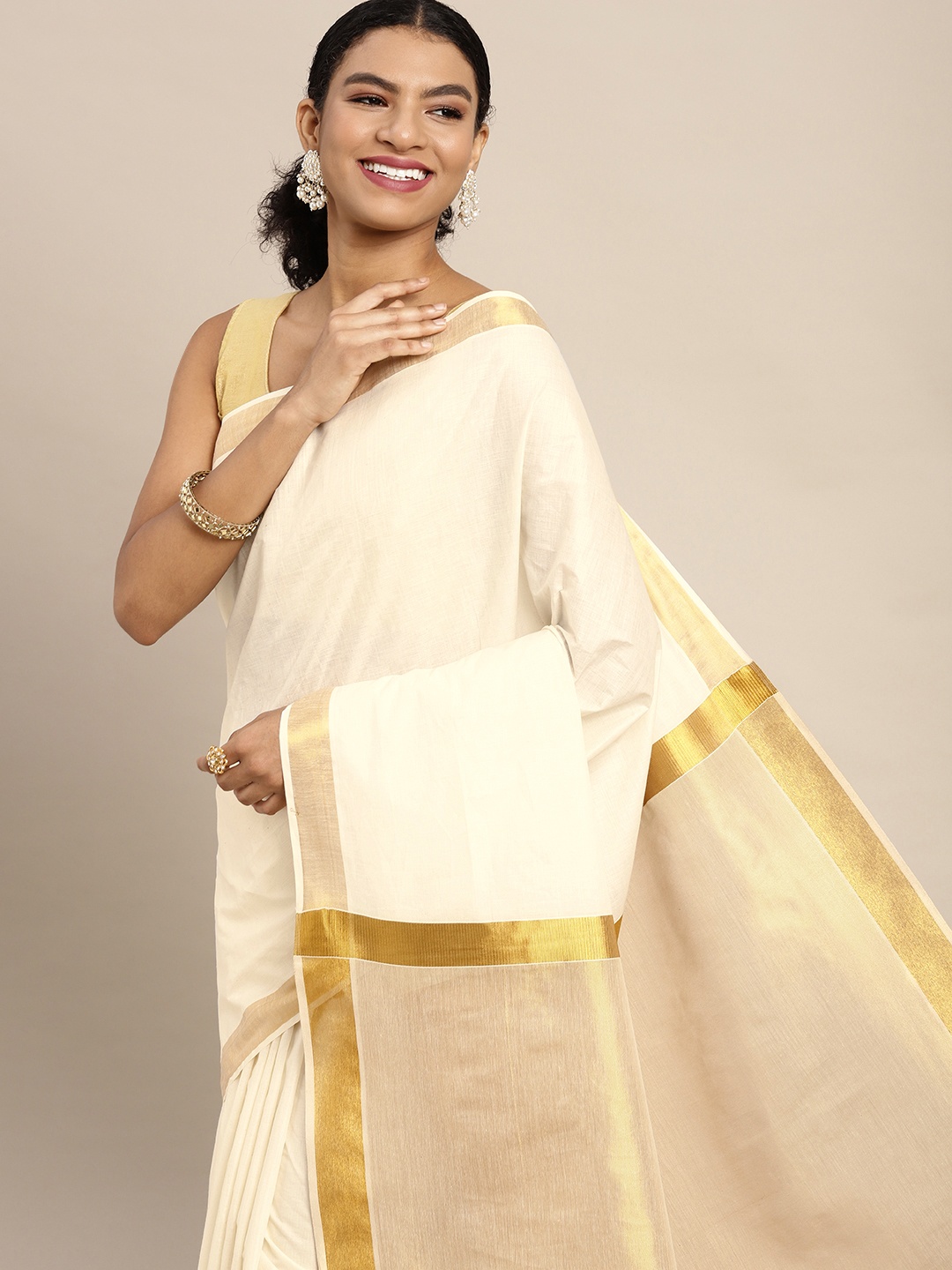 

KALINI White & Gold-Toned Zari Pure Cotton Kasavu Saree