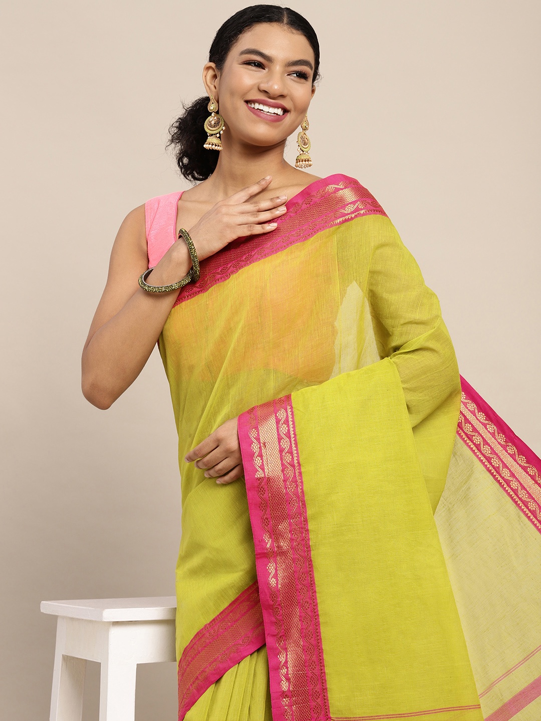 

KALINI Green & Pink Zari Pure Cotton Paithani Saree