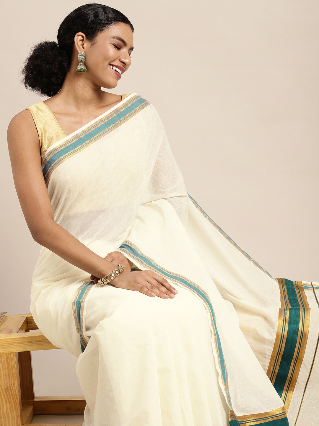 

KALINI White & Green Zari Pure Cotton Kasavu Saree