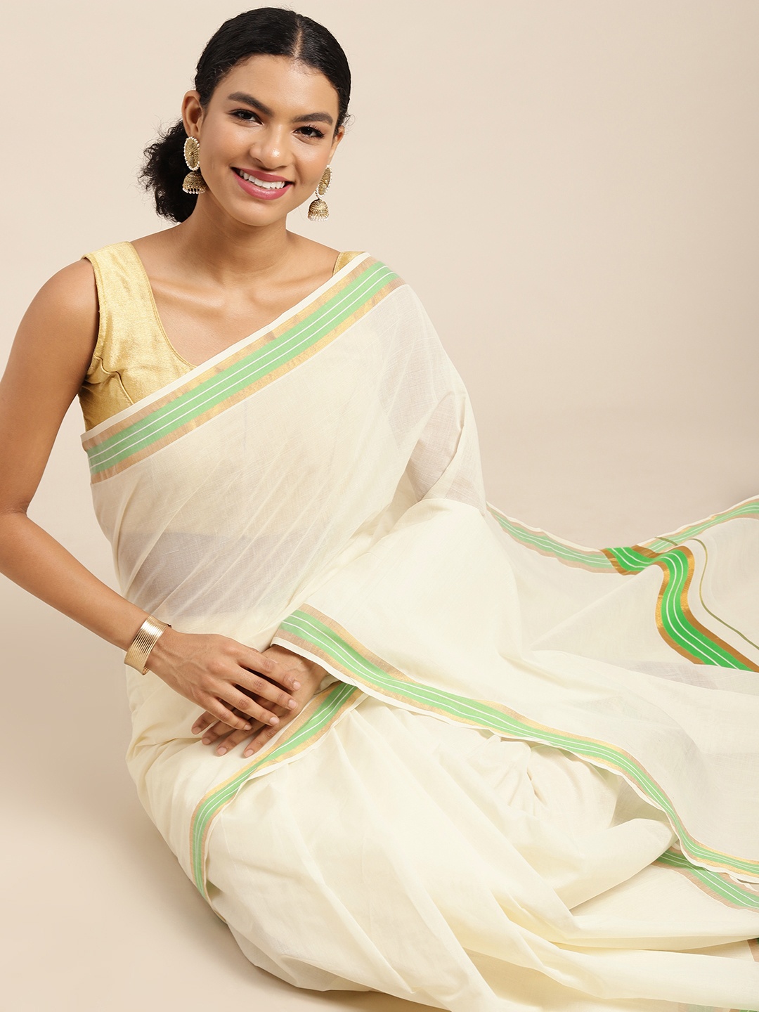 

KALINI White & Green Zari Pure Cotton Kasavu Saree