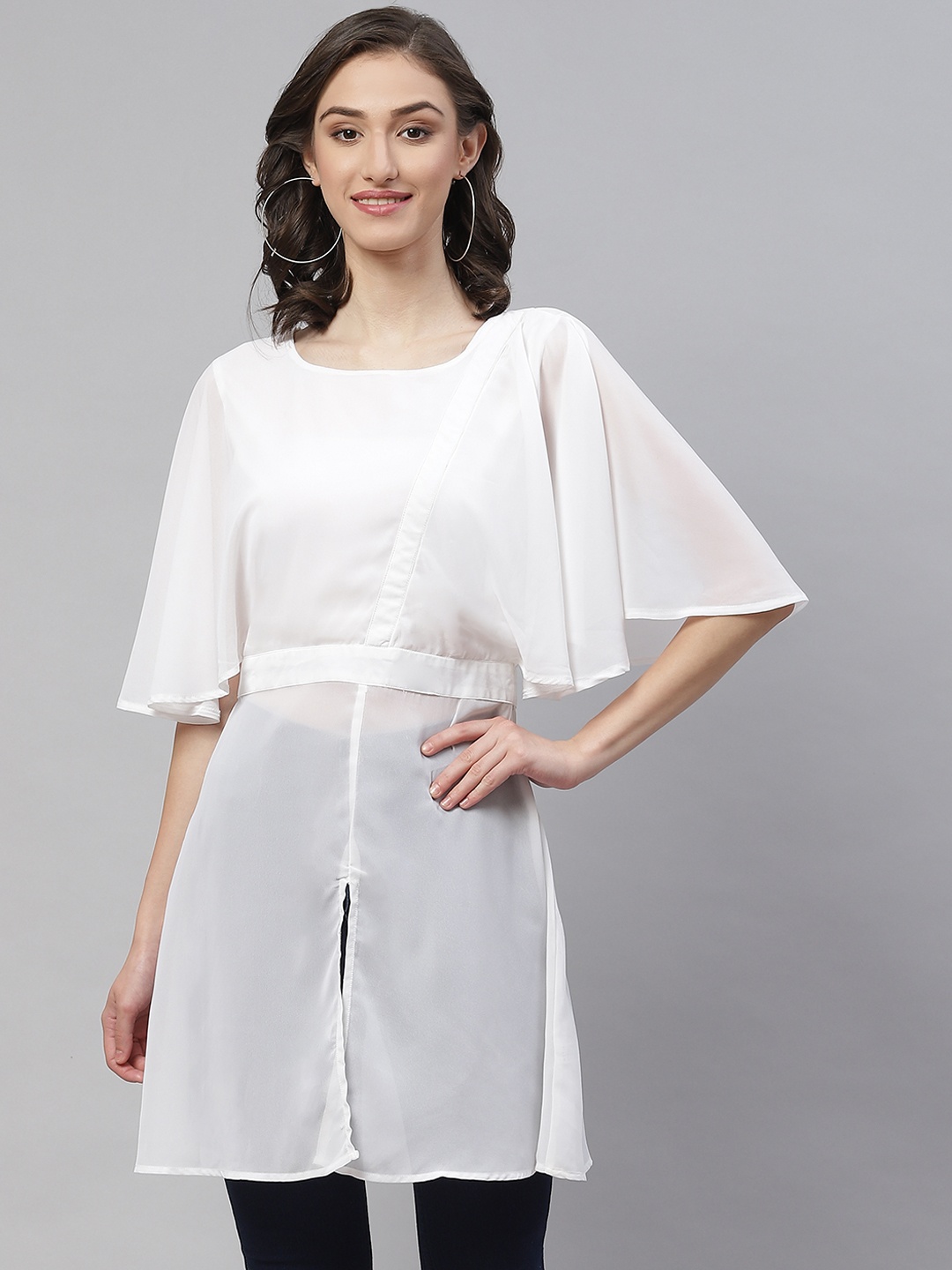 

RIVI White Kimono Sleeves Georgette Longline Top