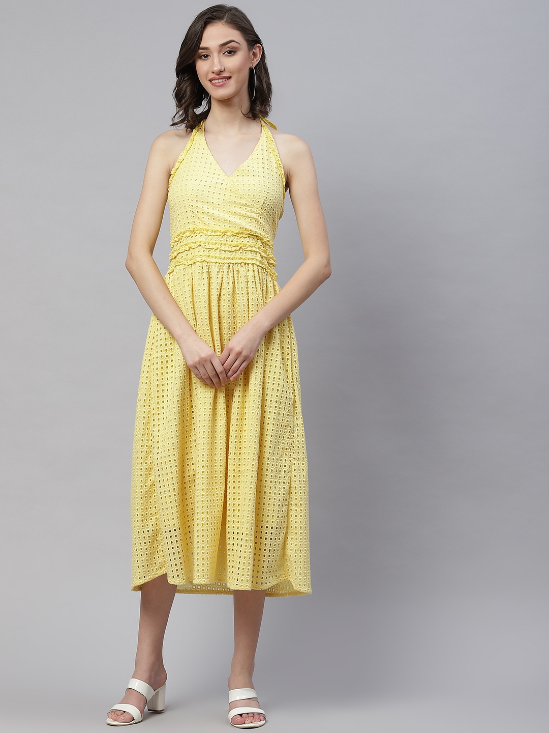 

RIVI Yellow Ethnic Motifs Embroidered Halter Neck Cotton Ethnic Maxi Dress