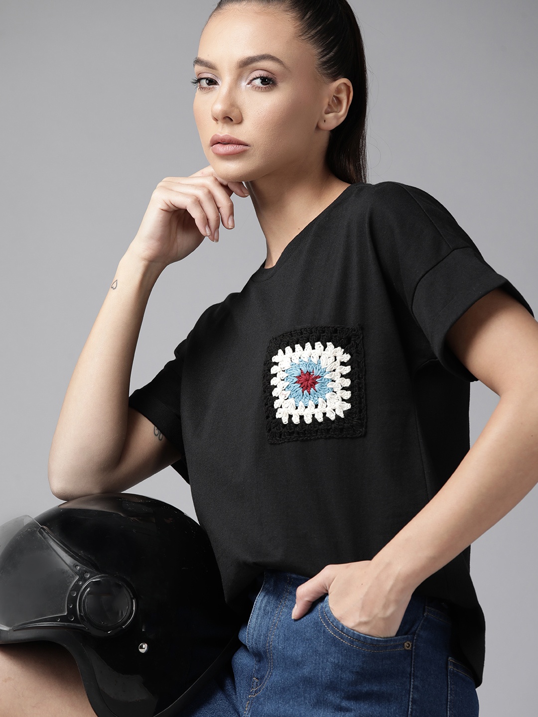 

Roadster Knit Top with Applique, Black