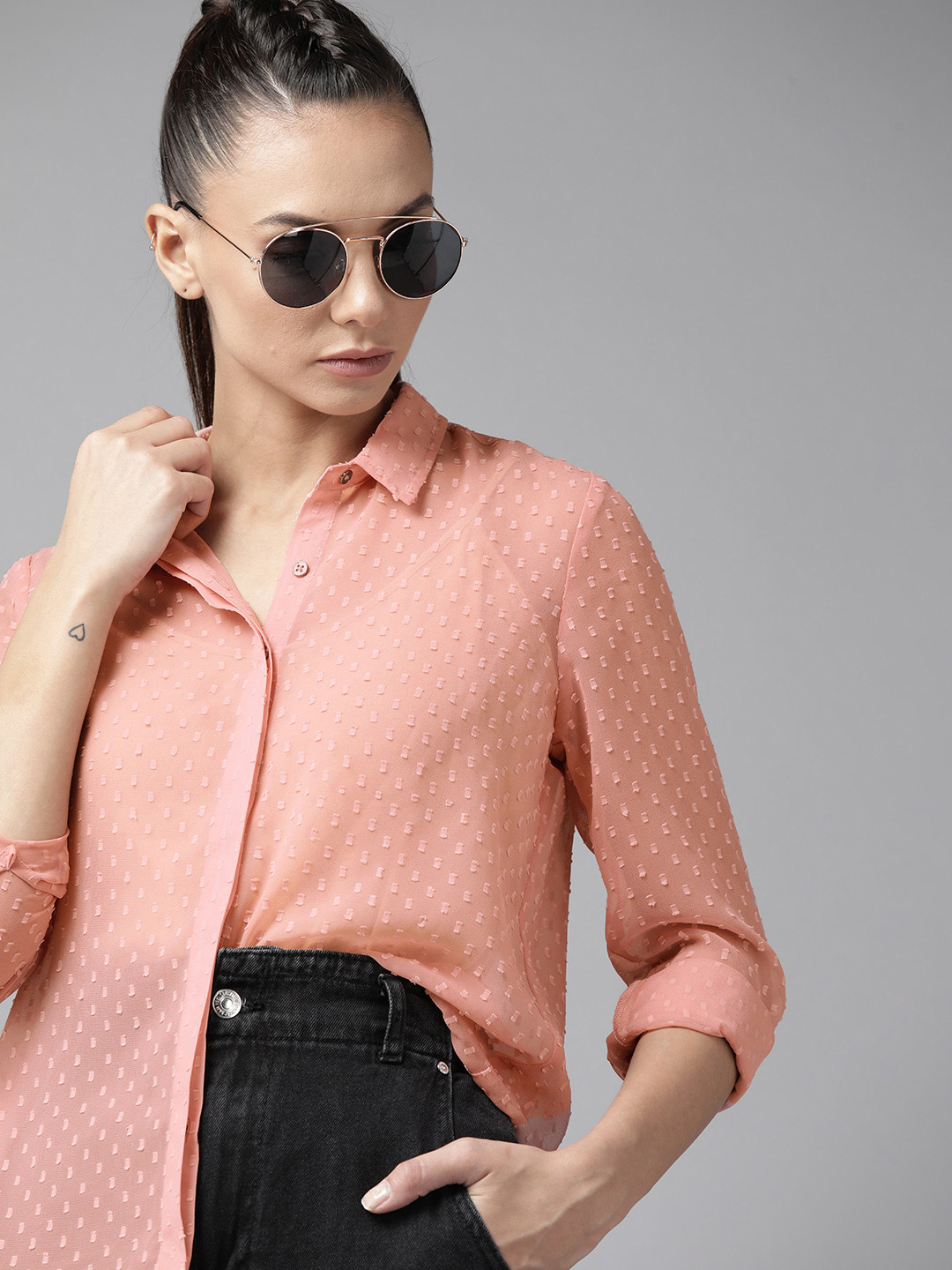 

Roadster Women Peach-Coloured Embroidered Casual Shirt