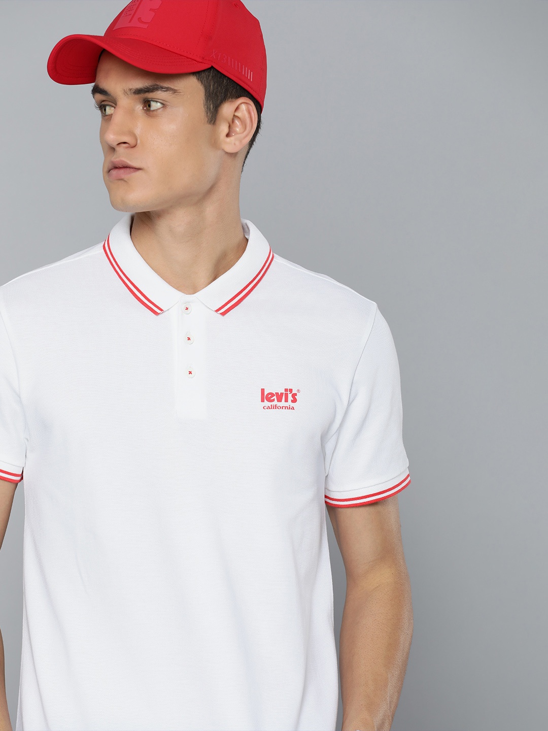 

Levis Men White Brand Logo Printed Polo Collar Pure Cotton T-shirt