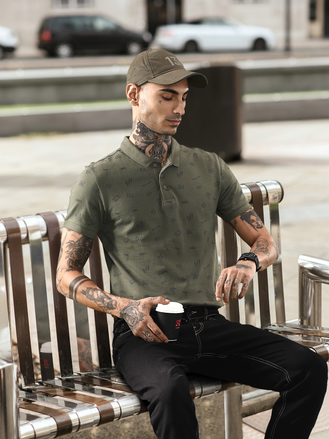 

Levis Men Olive Green Conversational Printed Polo Collar Pure Cotton Casual T-shirt