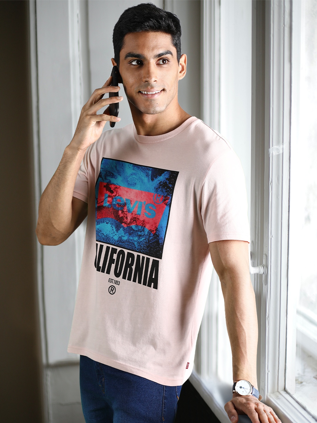 

Levis Men Peach-Coloured Printed Pure Cotton T-shirt