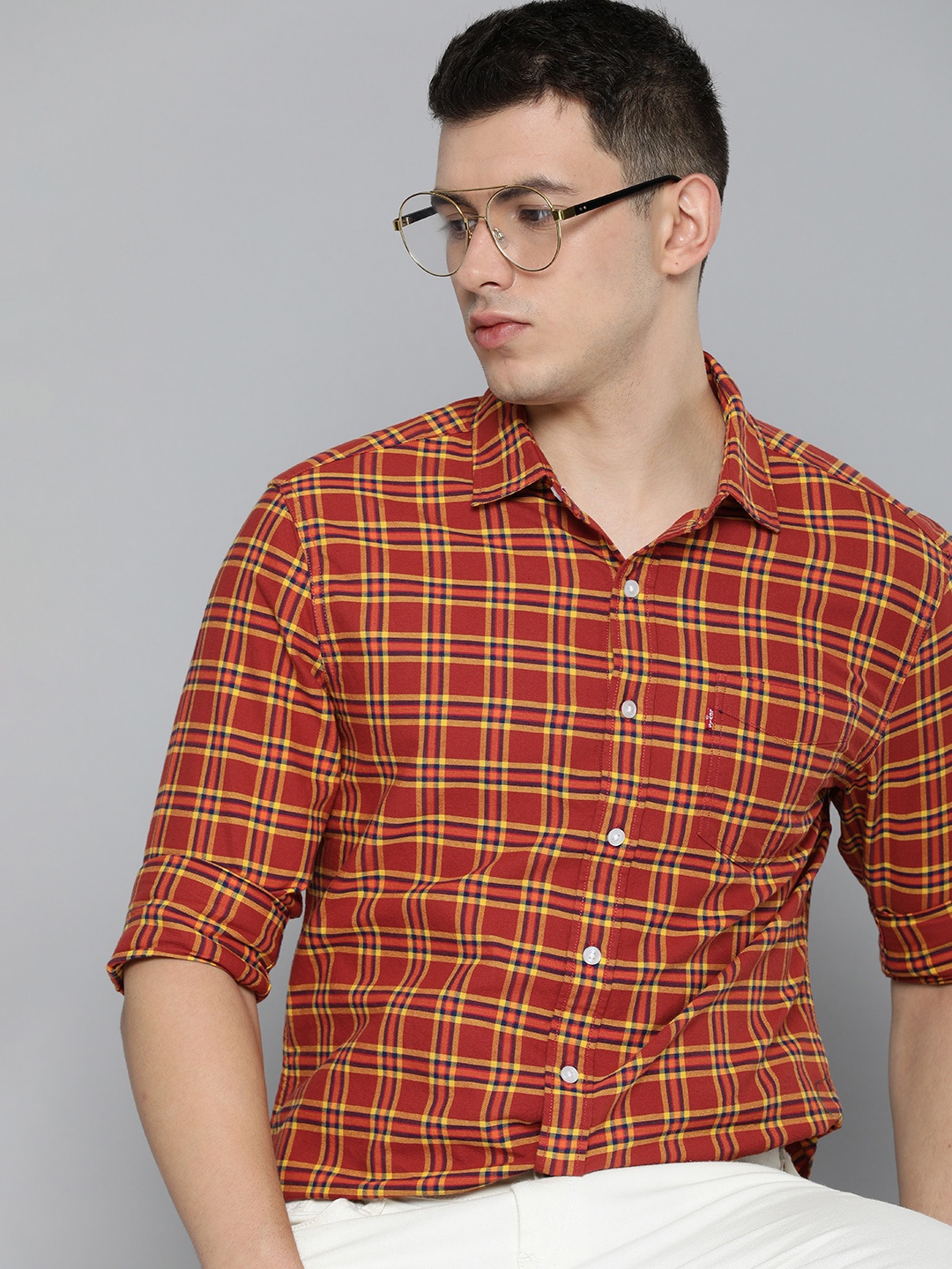 

Levis Men Rust Orange Slim Fit Checked Casual Shirt