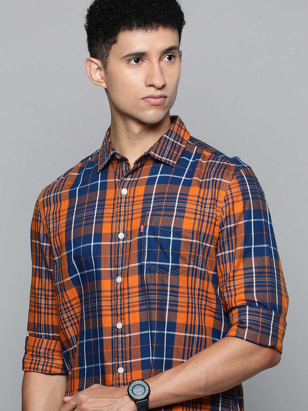 

Levis Men Orange Slim Fit Checked Casual Shirt